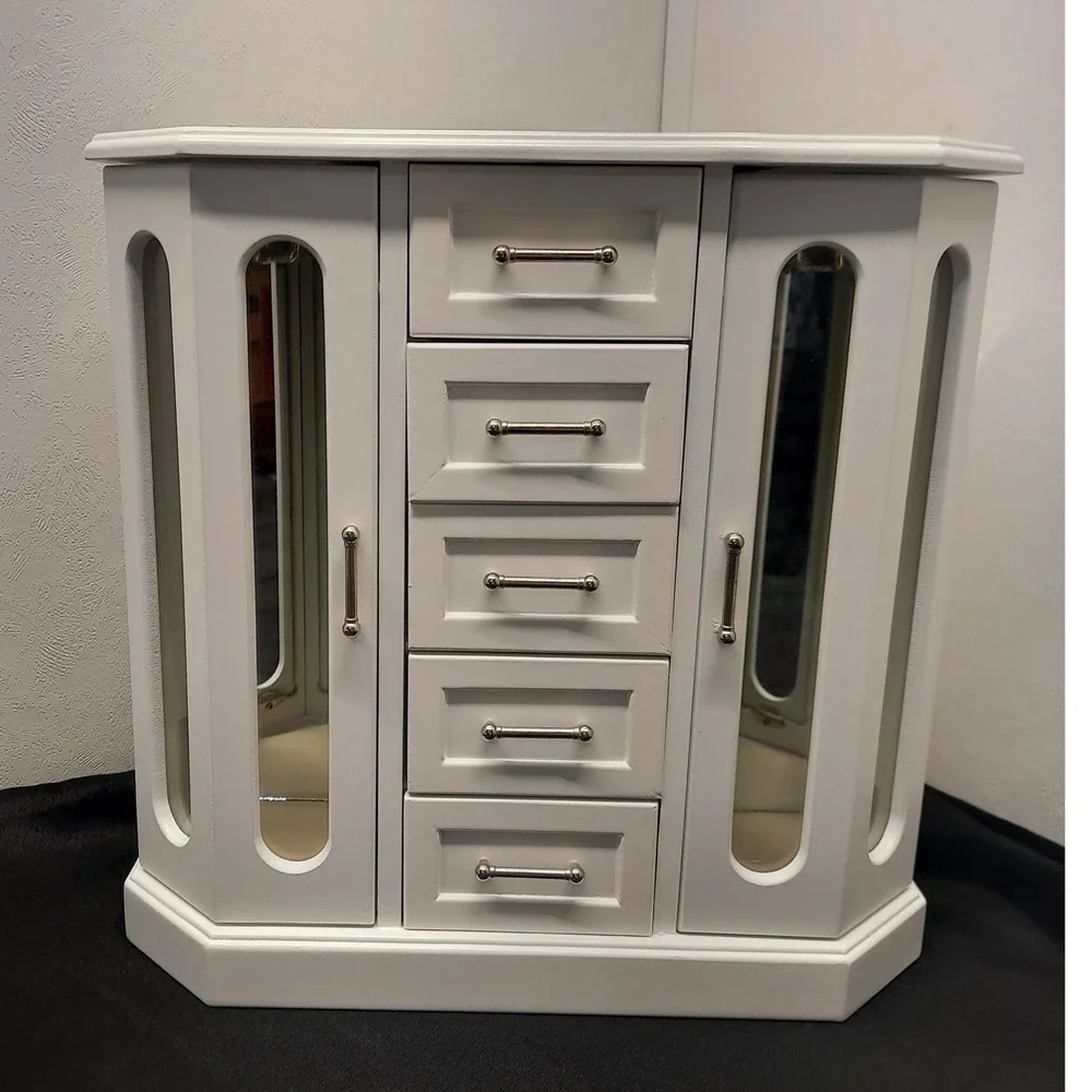 Vintage Wooden Jewelry Armoire Etched Glass Carousel White 13